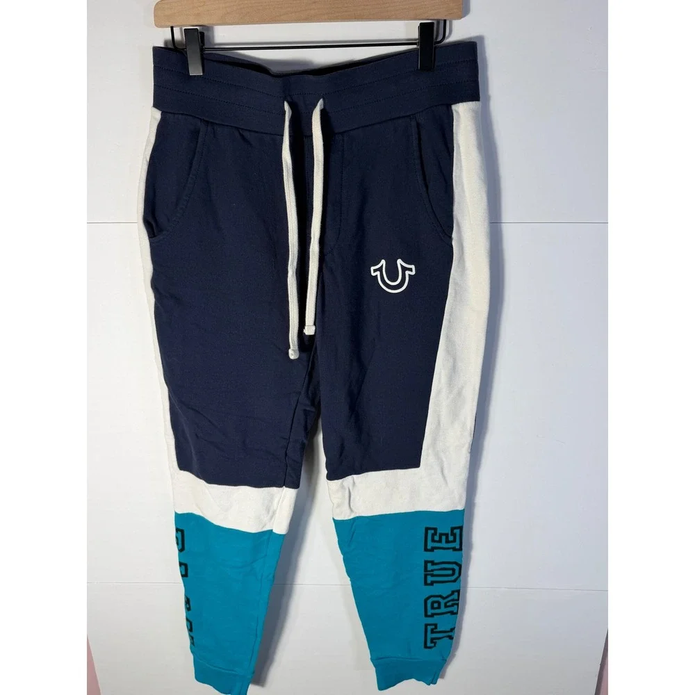 True Religion Mens Colorblock Jogger Sweatpants Navy Blue Teal White Small